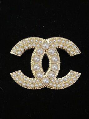 Gold Pearl-Embellished Interlocking CC Brooch